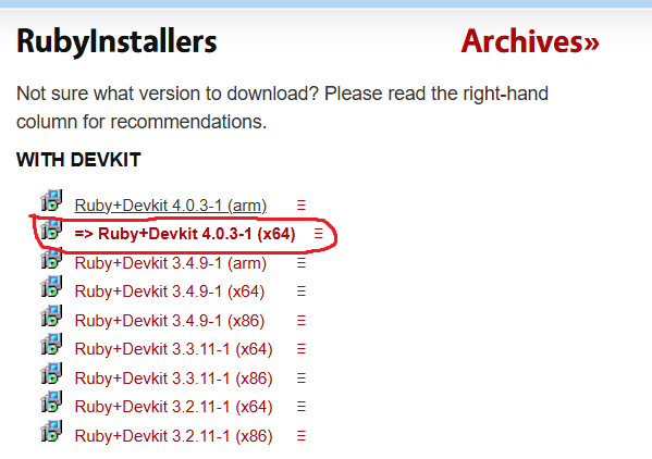 安装Ruby+Devkit安装包，选择推荐版本